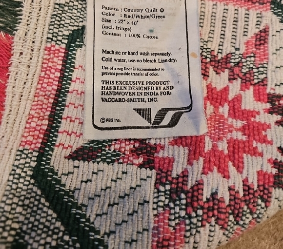 Area Rug Country Quilt Pattern Cotton Woven Fringe Vaccaro-Smith Green 40" X 22" - Picture 3 of 3